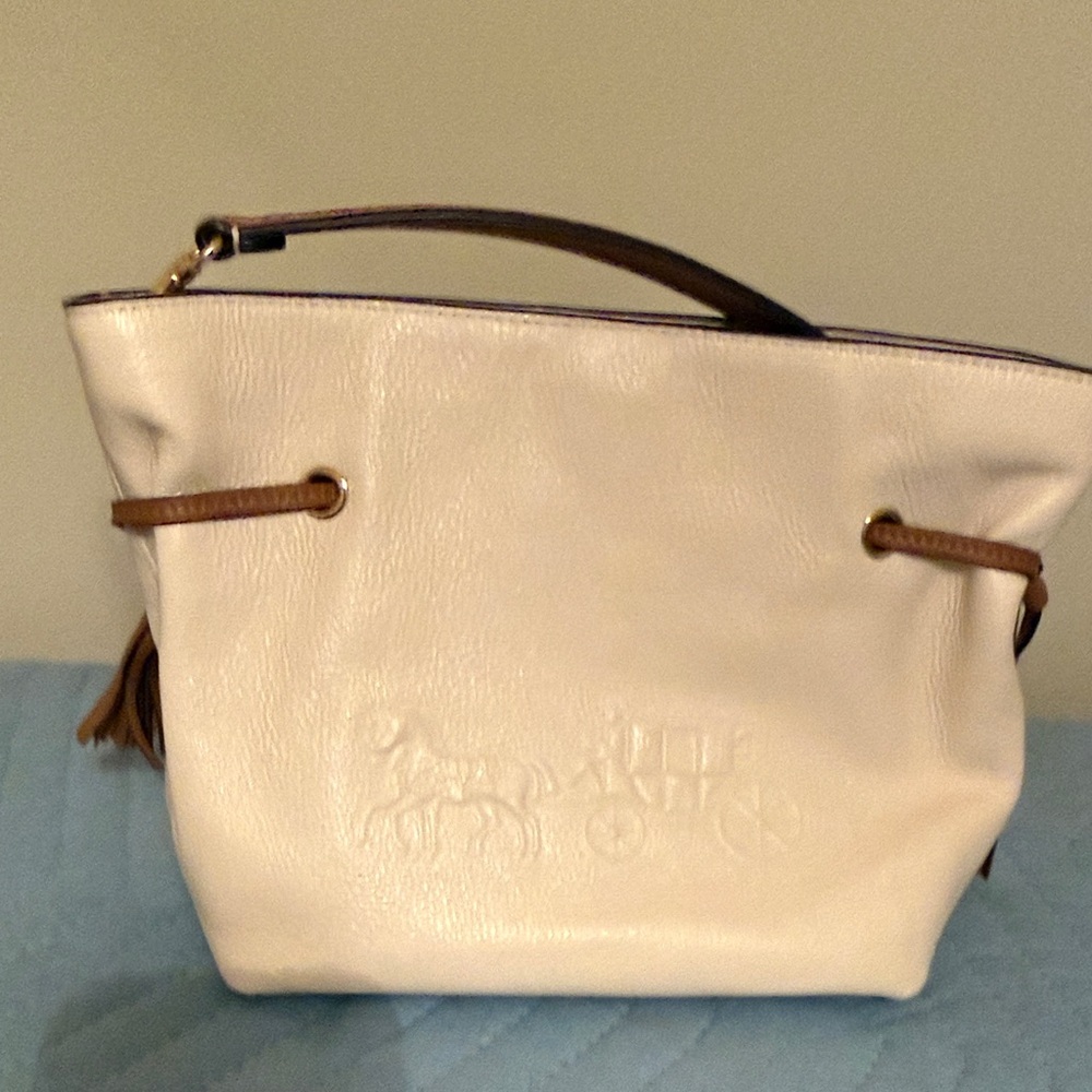 Coach Cream Leather Shoulder Bag with Brown Trim